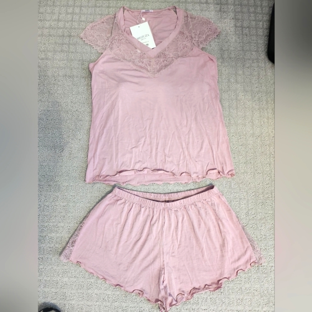 Oh Zuza Soft Pink V-Neck Pajama Set with Lace Trim size Large